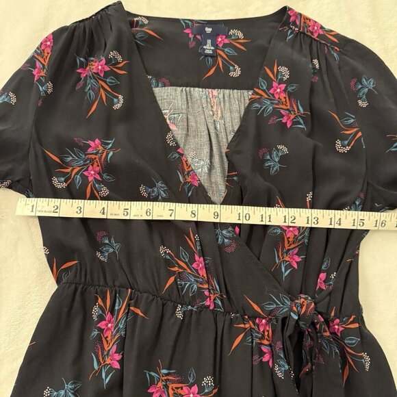 GAP Black Wrap Dress With Pink Floral Print Long Sleeve Size Small Church - Picture 2 of 13